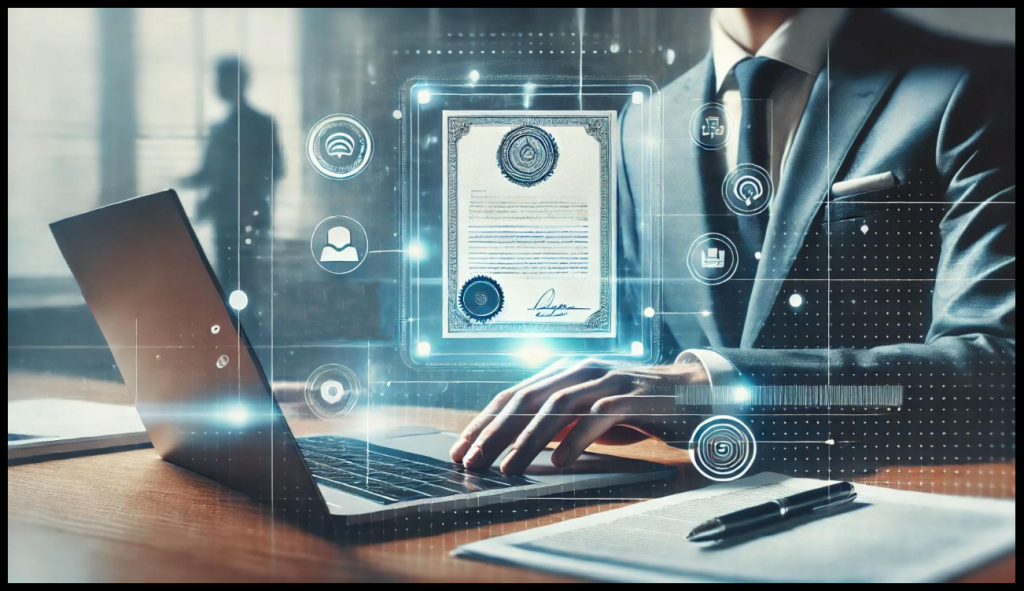 Businessperson in a suit typing on a laptop with a floating digital certificate and security icons nearby.