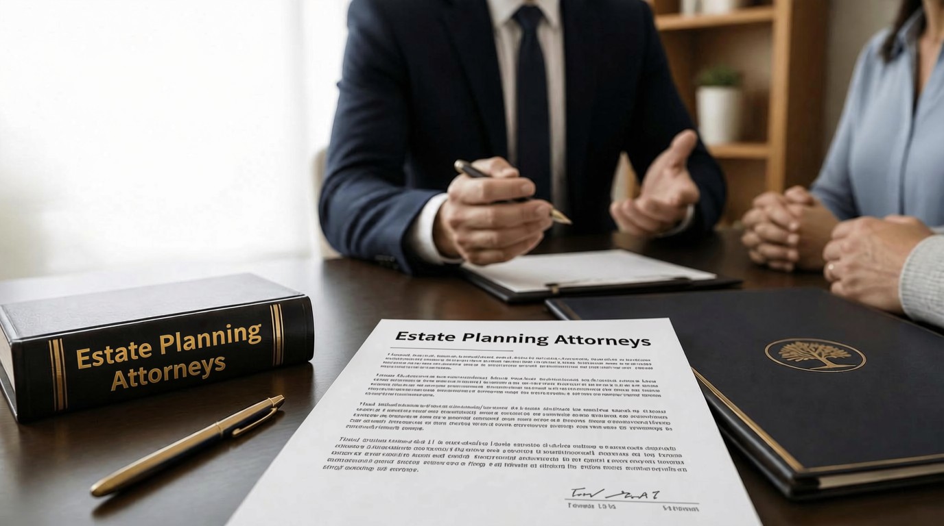 Estate planning attorney meeting with clients to review legal documents during a remote online notarization consultation.