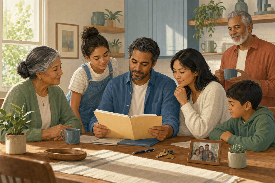 Multi-generational family gathered around a table reading a large book together at home.