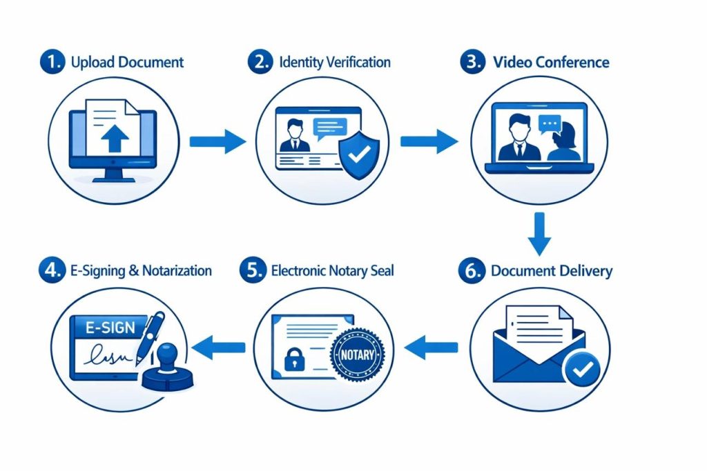Six-step infographic of an online notary workflow: 1 Upload Document, 2 Identity Verification, 3 Video Conference, 4 E-Signing & Notarization, 5 Electronic Notary Seal, 6 Document Delivery, connected by arrows.